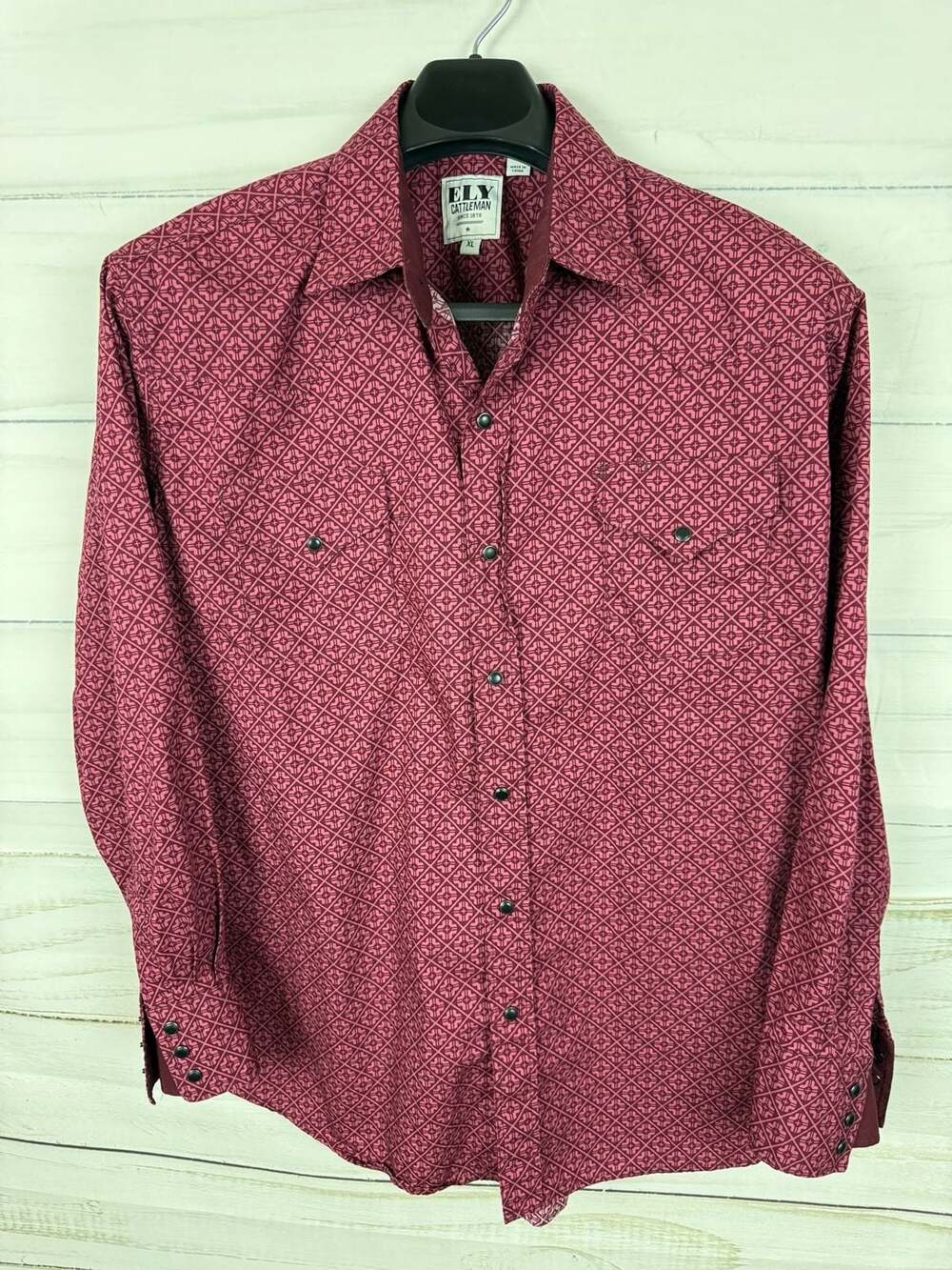 Ely Cattleman Since 1878 Red Geometric Western Long Sleeve Pearl Snap Shirt XL